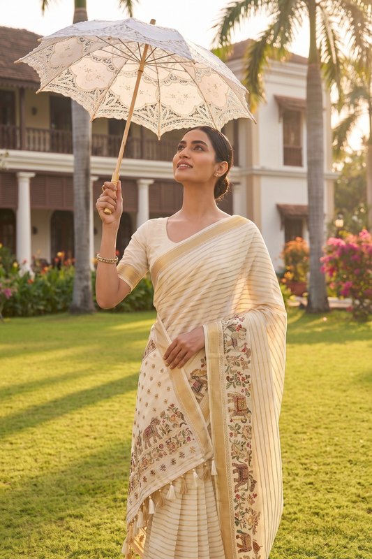 White Cotton Embroidered Saree With Unstitched Blouse