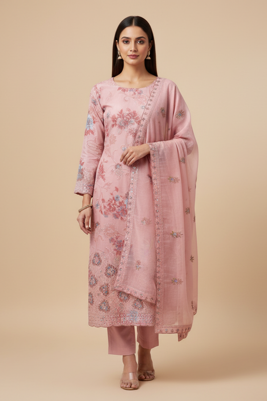 Peach Cotton Unstitched Salwar Suit With Cotton Dupatta