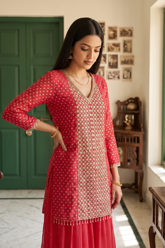 Coral Charm Coral Georgette Readymade Kurta And Sharara Set