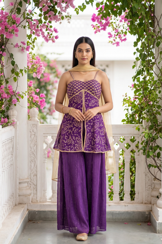 Royal Orchid Purple Georgette Readymade Strappy Suit And Palazzo With Net Dupatta