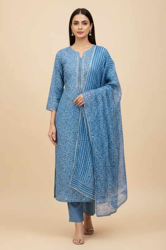 Blue Grey Cotton Unstitched Salwar Suit With Cotton Dupatta