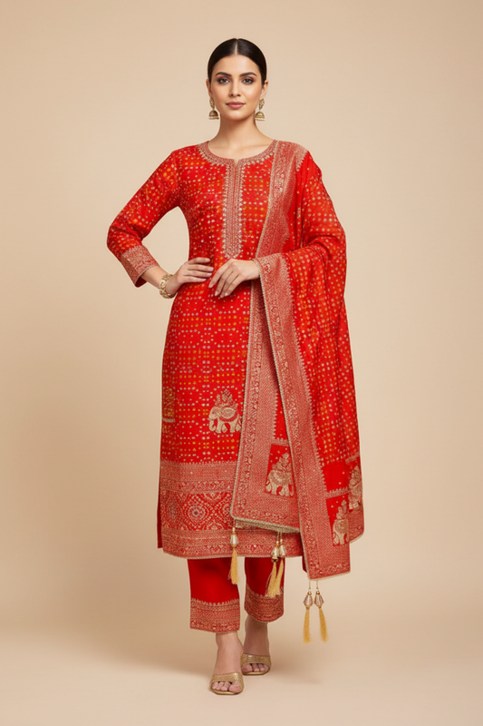 Red Dola Unstitched Salwar Suit With Dola Dupatta