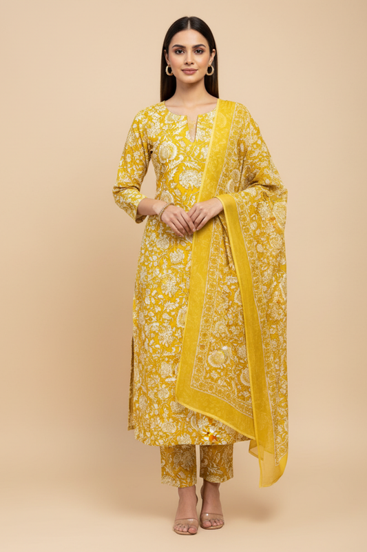 Mustard Cotton Unstitched Salwar Suit With Cotton Dupatta