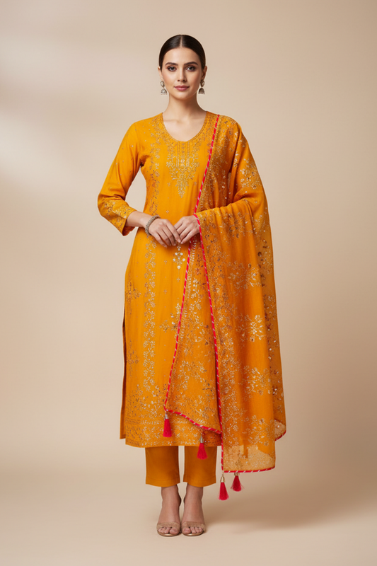 Mustard Shimmer Unstitched Salwar Suit With Shimmer Dupatta