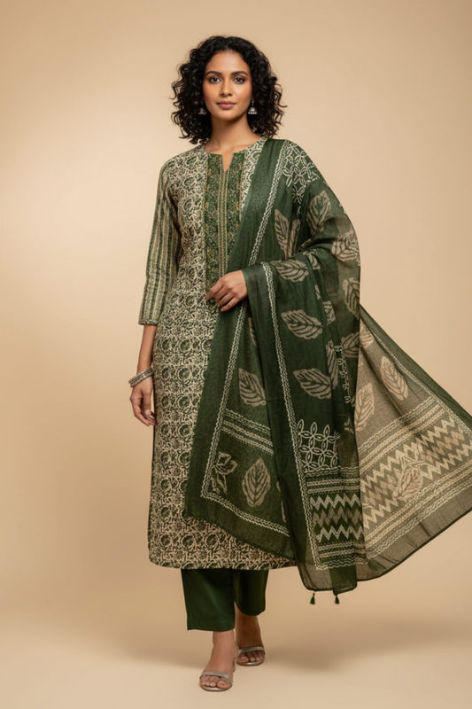 Tussar Mehndi Cotton Unstitched Salwar Suit With Cotton Dupatta