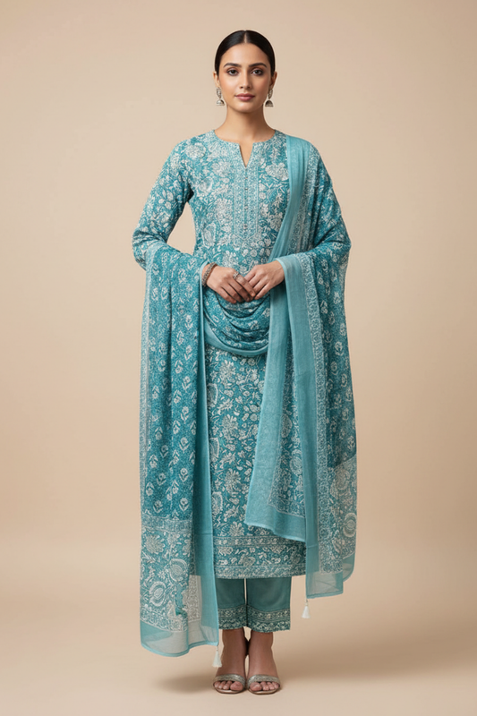 Sky Blue Cotton Unstitched Salwar Suit With Cotton Dupatta