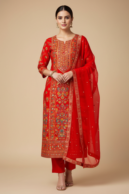 Red Cotton Unstitched Salwar Suit With Chiffon Dupatta