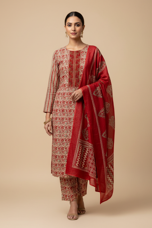 Tussar Maroon Cotton Unstitched Salwar Suit With Cotton Dupatta