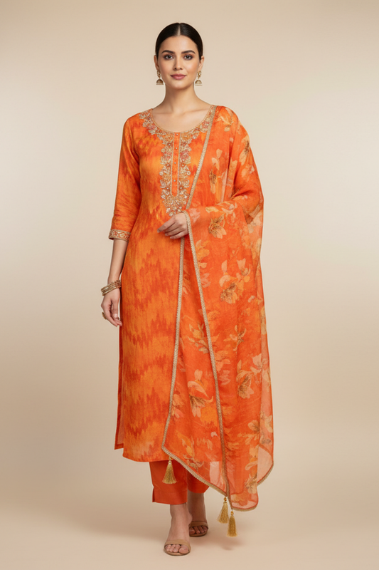 Orange Cotton Unstitched Salwar Suit With Chiffon Dupatta