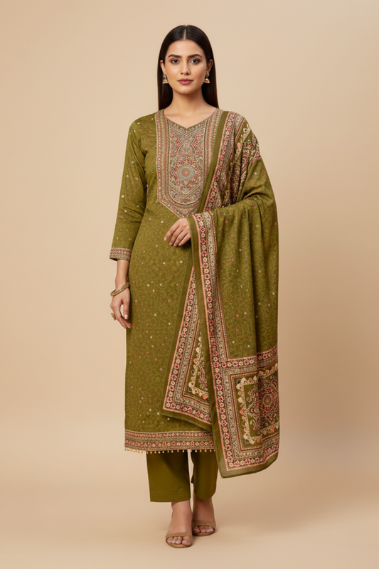 Mehndi Crepe Unstitched Salwar Suit With Crepe Dupatta