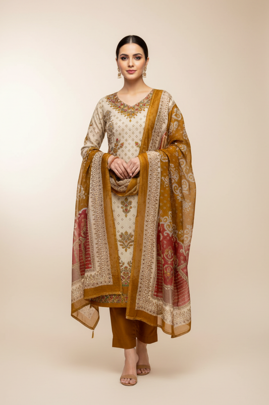 Tusser Mustard Shimmer Unstitched Salwar Suit With Shimmer Dupatta