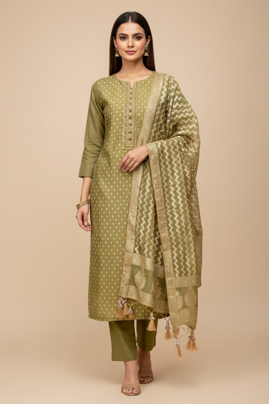 Olive Cotton Unstitched Salwar Suit With Cotton Dupatta