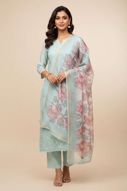 Tea Green Cotton Unstitched Salwar Suit With Cotton Dupatta