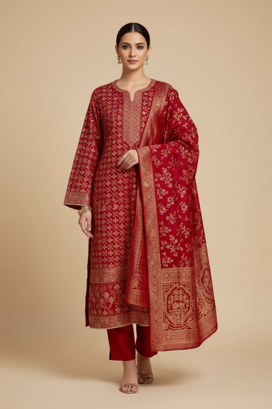 Maroon Cotton Unstitched Salwar Suit With Cotton Dupatta
