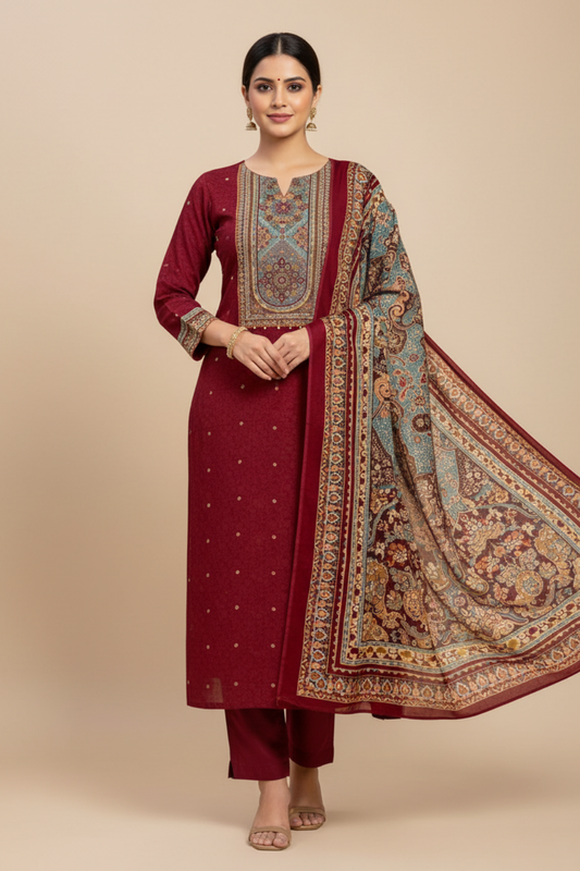 Maroon Crepe Unstitched Salwar Suit With Crepe Dupatta