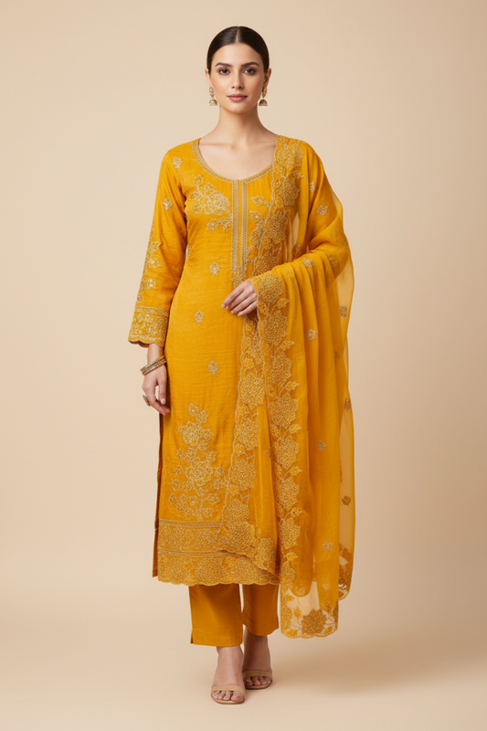 Mango Gold Organza Unstitched Salwar Suit With Chiffon Dupatta