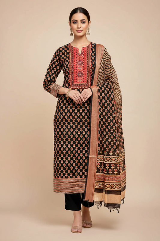 Black Cotton Unstitched Salwar Suit With Cotton Dupatta