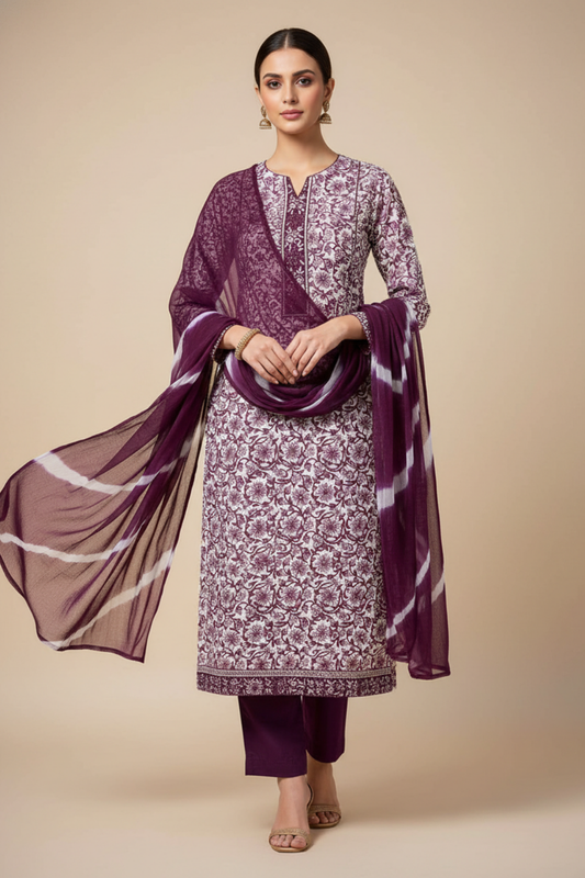 Mauve Cotton Unstitched Salwar Suit With Chiffon Dupatta