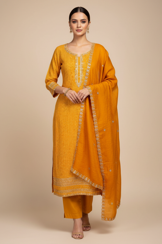 Mustard Dola Unstitched Salwar Suit With Cotton Dupatta