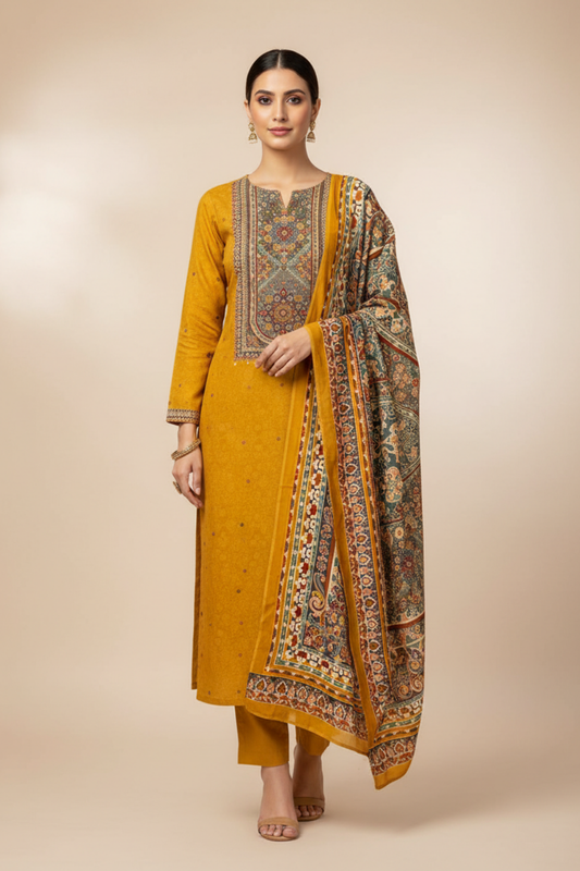 Mustard Crepe Unstitched Salwar Suit With Crepe Dupatta
