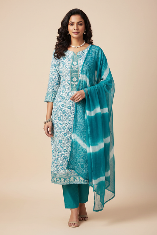 Off White Cotton Unstitched Salwar Suit With Chiffon Dupatta