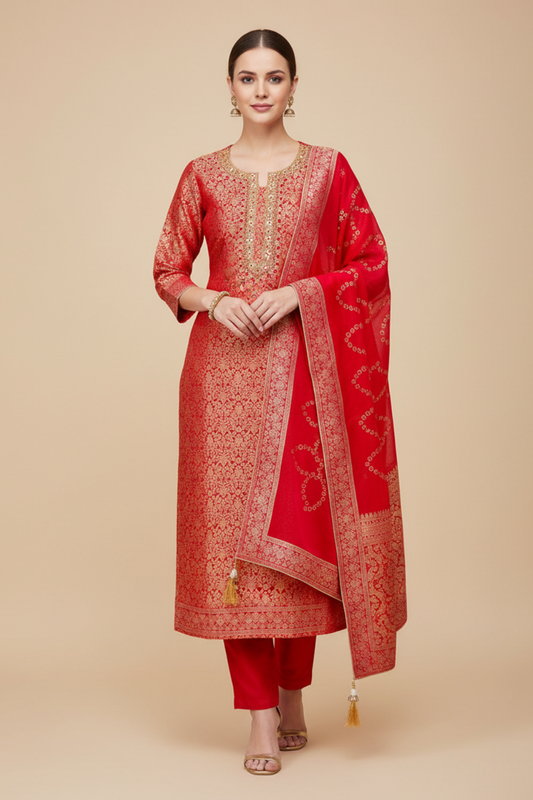 Rani Cotton Unstitched Salwar Suit With Organza Dupatta