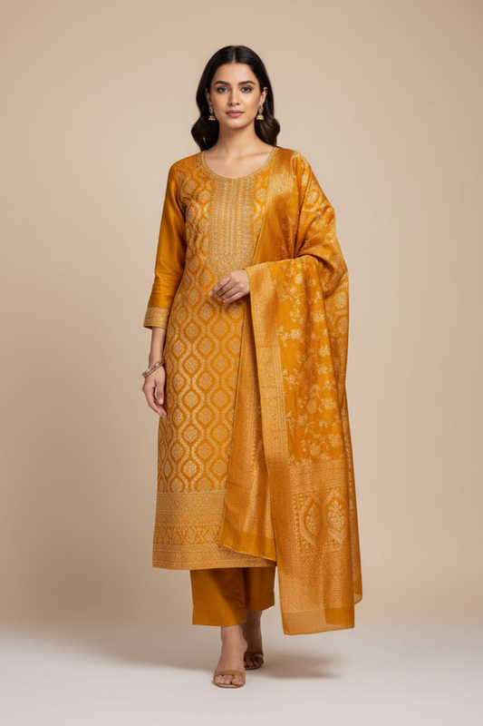 Mustard Cotton Unstitched Salwar Suit With Cotton Dupatta