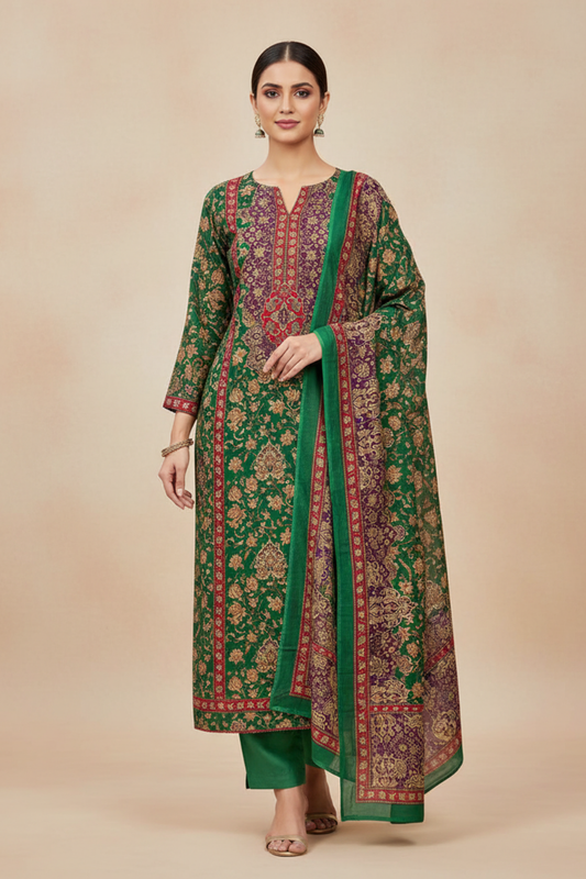 Bottle Green Crepe Unstitched Salwar Suit With Crepe Dupatta