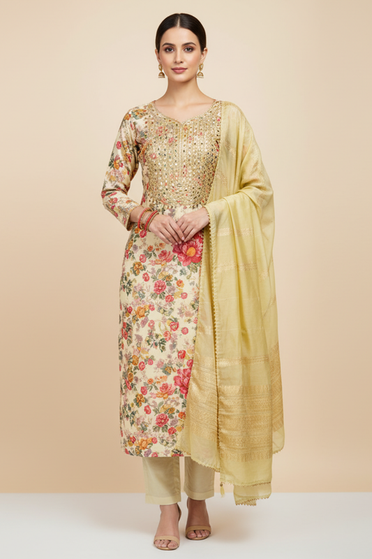 Off White Cotton Unstitched Salwar Suit With Cotton Dupatta