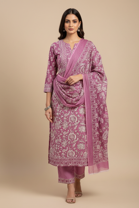 Mauve Cotton Unstitched Salwar Suit With Cotton Dupatta