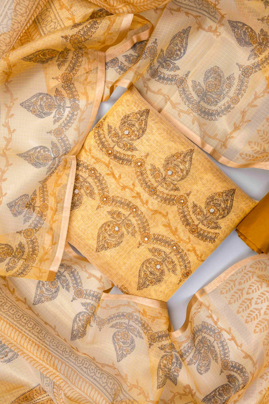 Mustard Cotton Unstitched Salwar Suit With Cotton Dupatta