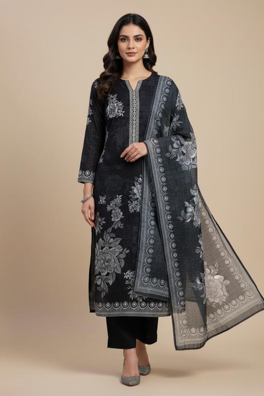 Black Cotton Unstitched Salwar Suit With Cotton Dupatta