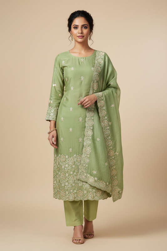 Pista Cotton Unstitched Salwar Suit With Cotton Dupatta
