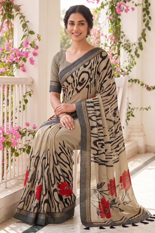 Black Tusser Cotton Floral Printed Saree With Unstitched Blouse