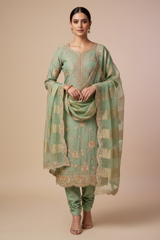 Mint Green Organza Unstitched Salwar Suit With Tissue Dupatta