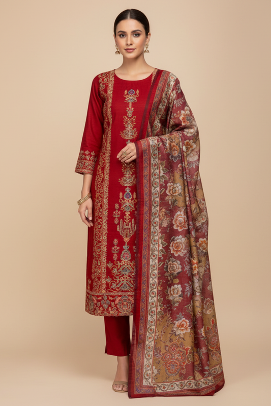 Maroon Muslin Crepe Unstitched Salwar Suit With Muslin Crepe Dupatta