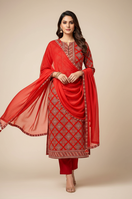 Maroon Cotton Unstitched Salwar Suit With Cotton Dupatta