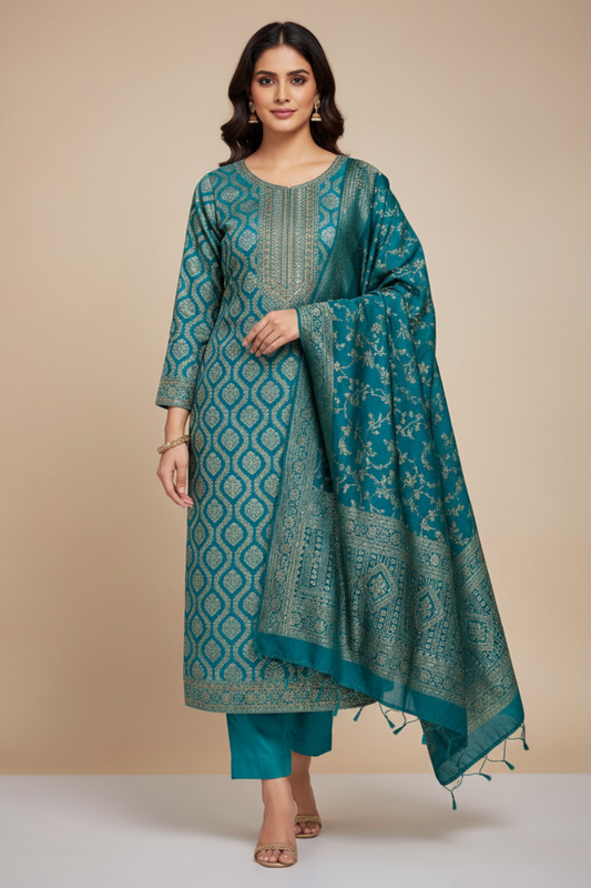 Rama Cotton Unstitched Salwar Suit With Cotton Dupatta