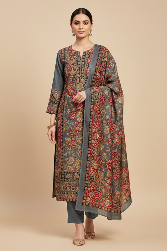 Grey Crepe Unstitched Salwar Suit With Crepe Dupatta