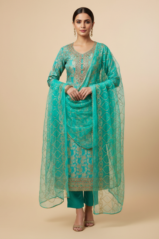 Tea Green Chanderi Cotton Unstitched Salwar Suit With Organza Dupatta