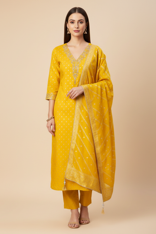 Mango Gold Cotton Unstitched Salwar Suit With Cotton Dupatta