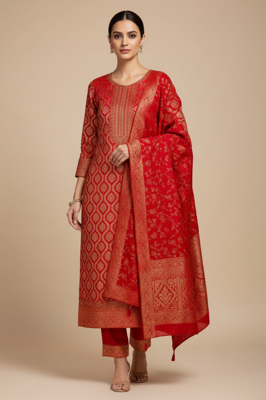 Coral Cotton Unstitched Salwar Suit With Cotton Dupatta