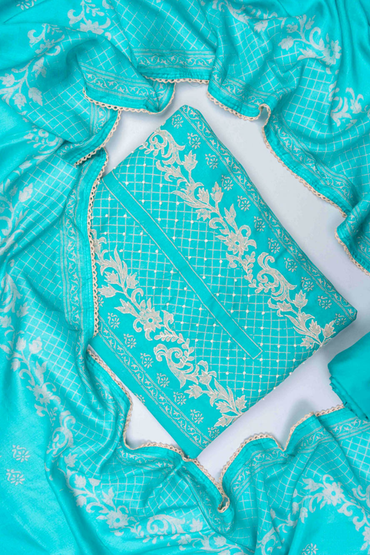 Tea Green Cotton Unstitched Salwar Suit With Cotton Dupatta