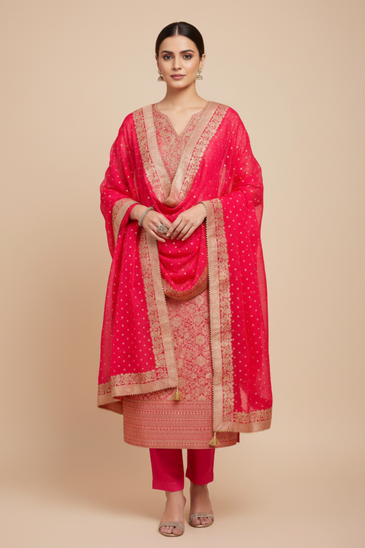 Rani Cotton Unstitched Salwar Suit With Organza Dupatta