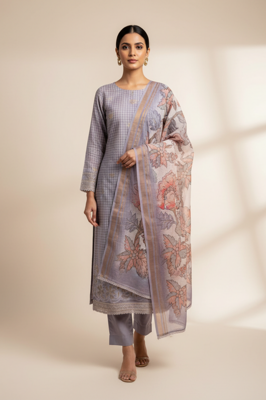 Mauve Cotton Unstitched Salwar Suit With Cotton Dupatta