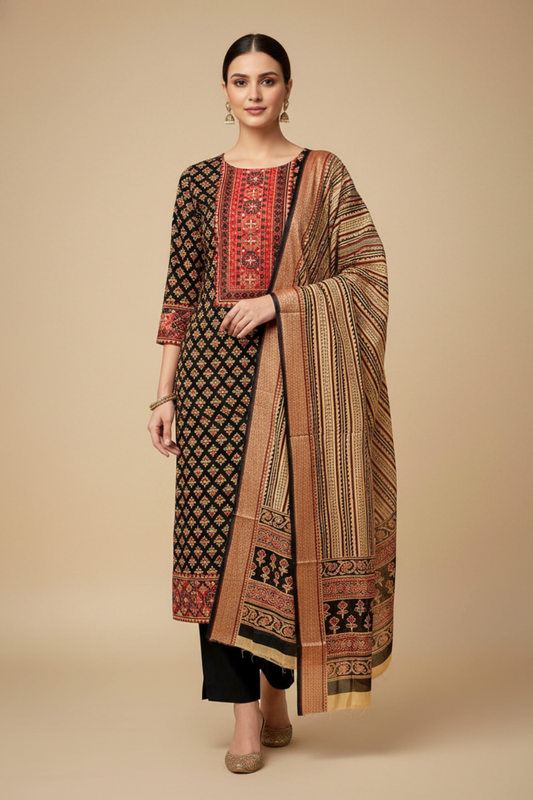 Black Cotton Unstitched Salwar Suit With Cotton Dupatta