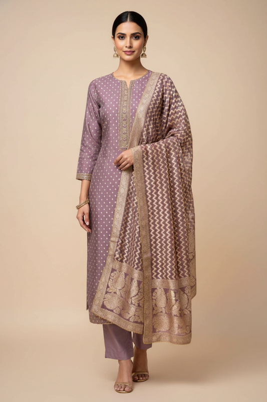 Mauve Cotton Unstitched Salwar Suit With Cotton Dupatta