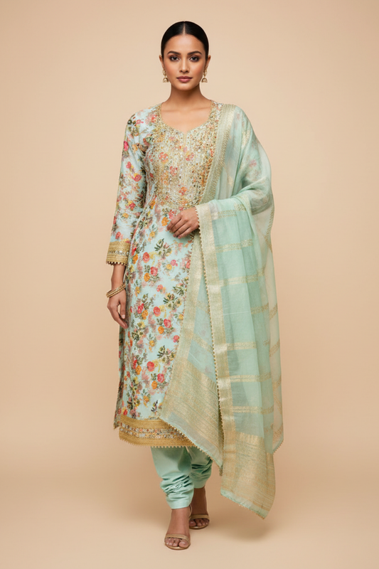 Tea Green Cotton Unstitched Salwar Suit With Cotton Dupatta