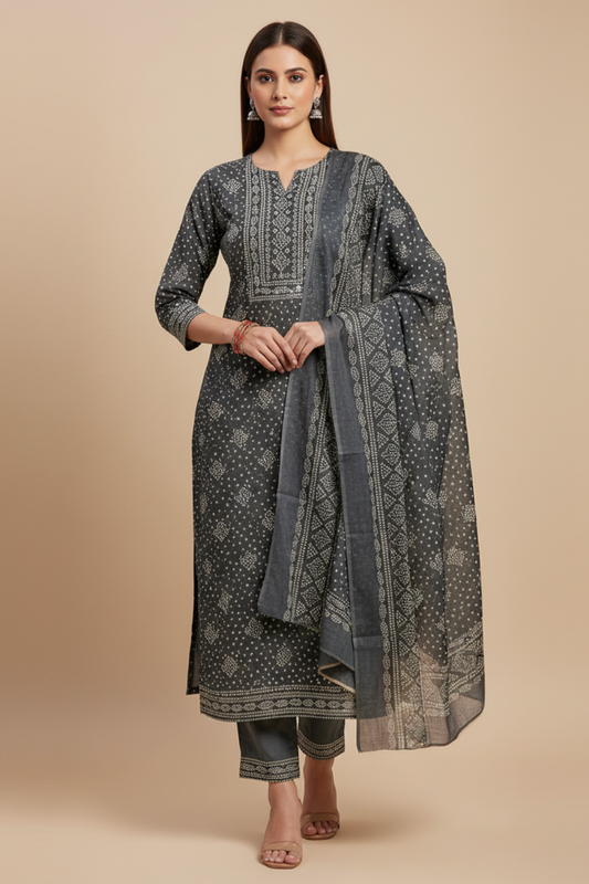 Grey Cotton Unstitched Salwar Suit With Cotton Dupatta
