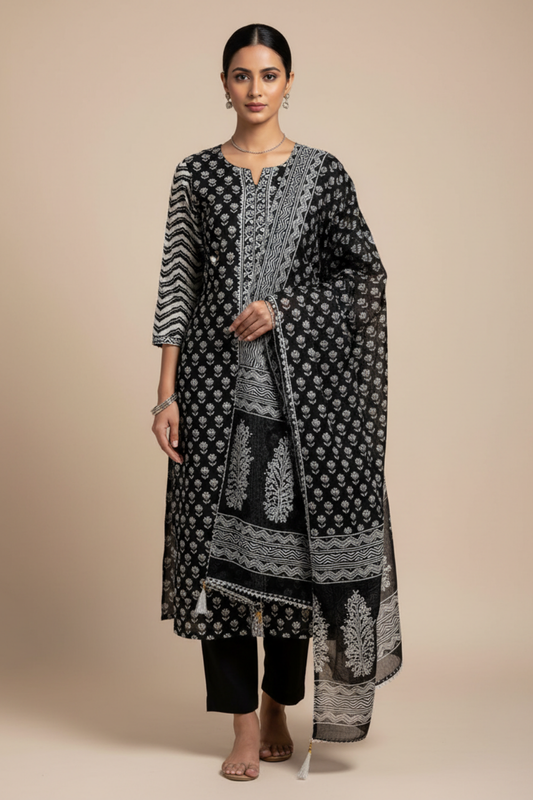 Black Cotton Unstitched Salwar Suit With Cotton Dupatta